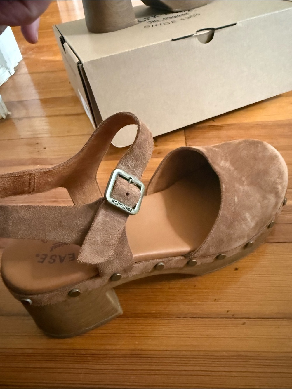 Kork-Ease Brown Suede Clog Sandals with Studded Trim - Picture 3 of 8